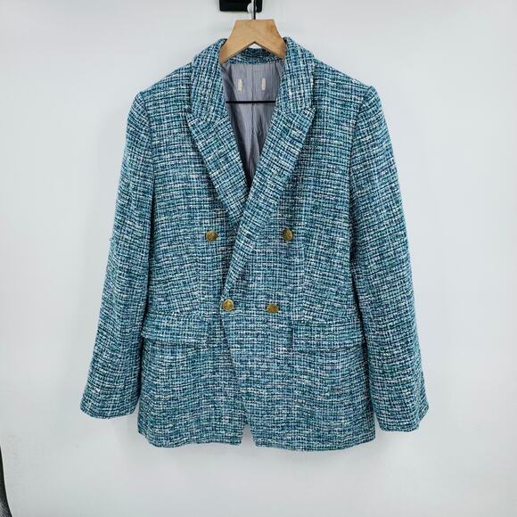 LOFT Blue Tweed Double Breasted Blazer Gold Button Textured Jacket (Est. L) - Picture 1 of 9